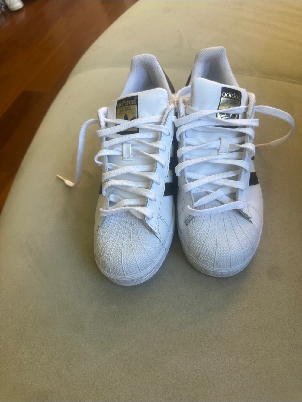 adidas Kids White Sneakers with Black Stripes and Gold Tongue Logo